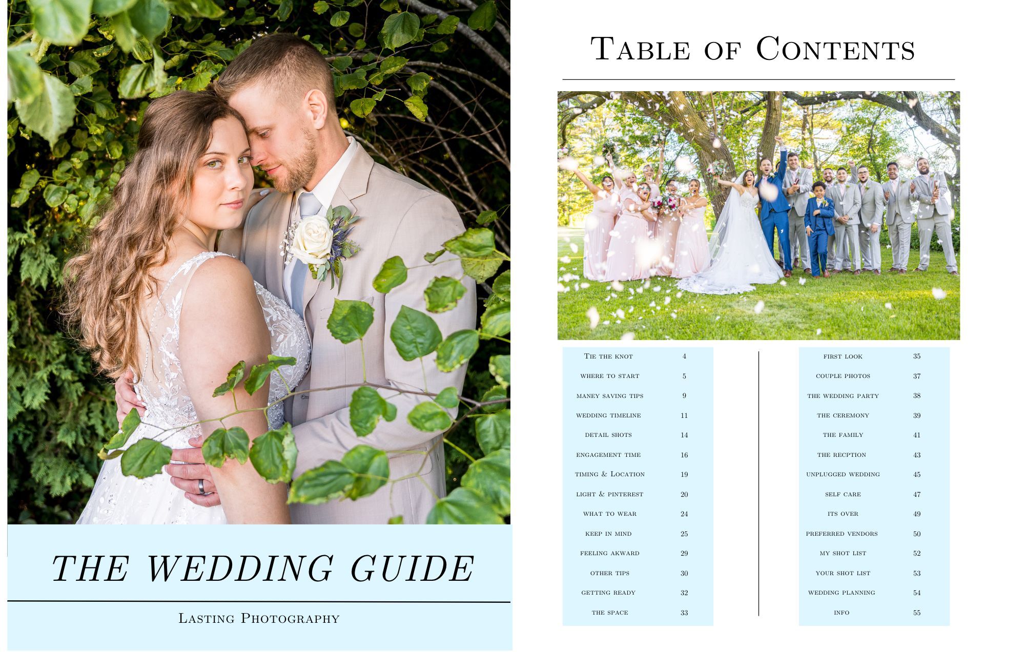Wedding guide publication layout shows a romantic couple photo alongside a table of contents with light blue accents.