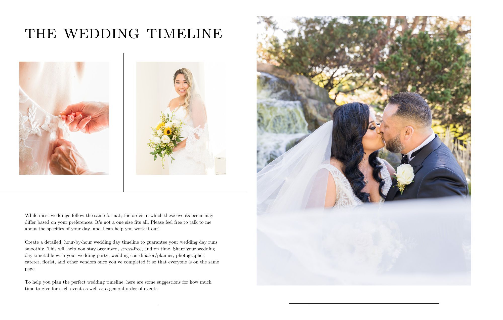 A wedding album layout showing three photos with a timeline text and elegant romantic moments captured during the ceremony.