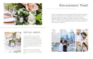 Wedding photography layout showcasing floral arrangements, detail shots, and urban engagement photos in magazine-style design.