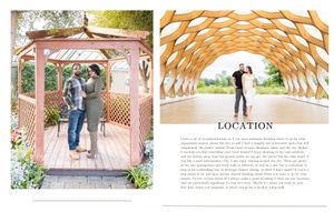 A romantic couple stands beneath both a pink garden arbor and a curved wooden architectural pavilion in a wedding photo layout.