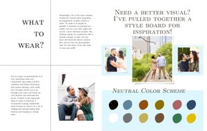 A style mood board featuring photo collage and color palette with neutral tones including blue, brown and pink shades.