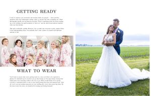 Wedding photos showing getting ready instructions and couple posing in formal attire on green hilltop meadow.