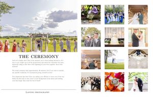 Wedding photo album layout showcasing outdoor ceremony and reception moments with scenic landscape views.