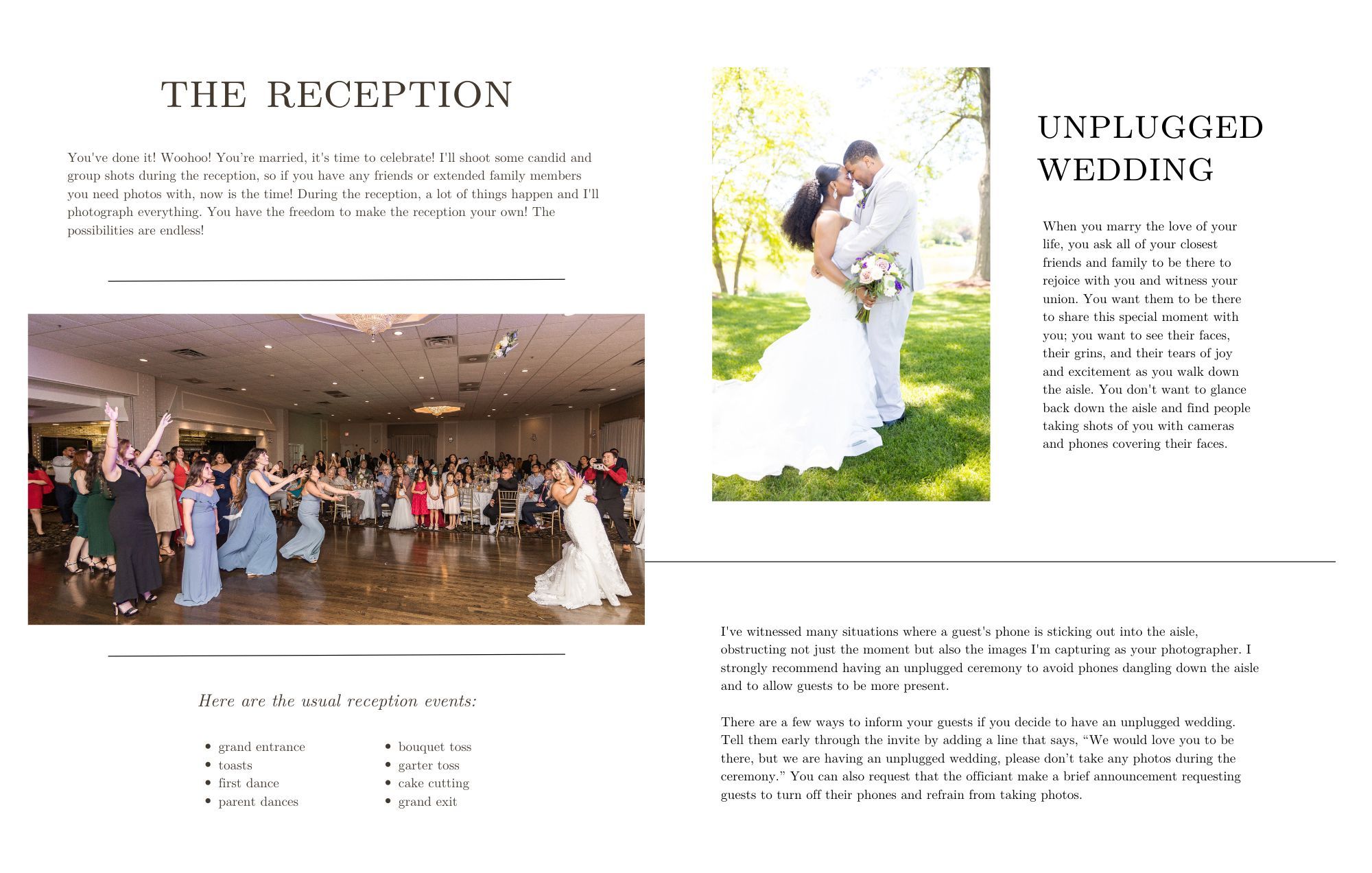 Wedding photo spread showing a dance floor scene and an outdoor garden setting on a magazine layout page.