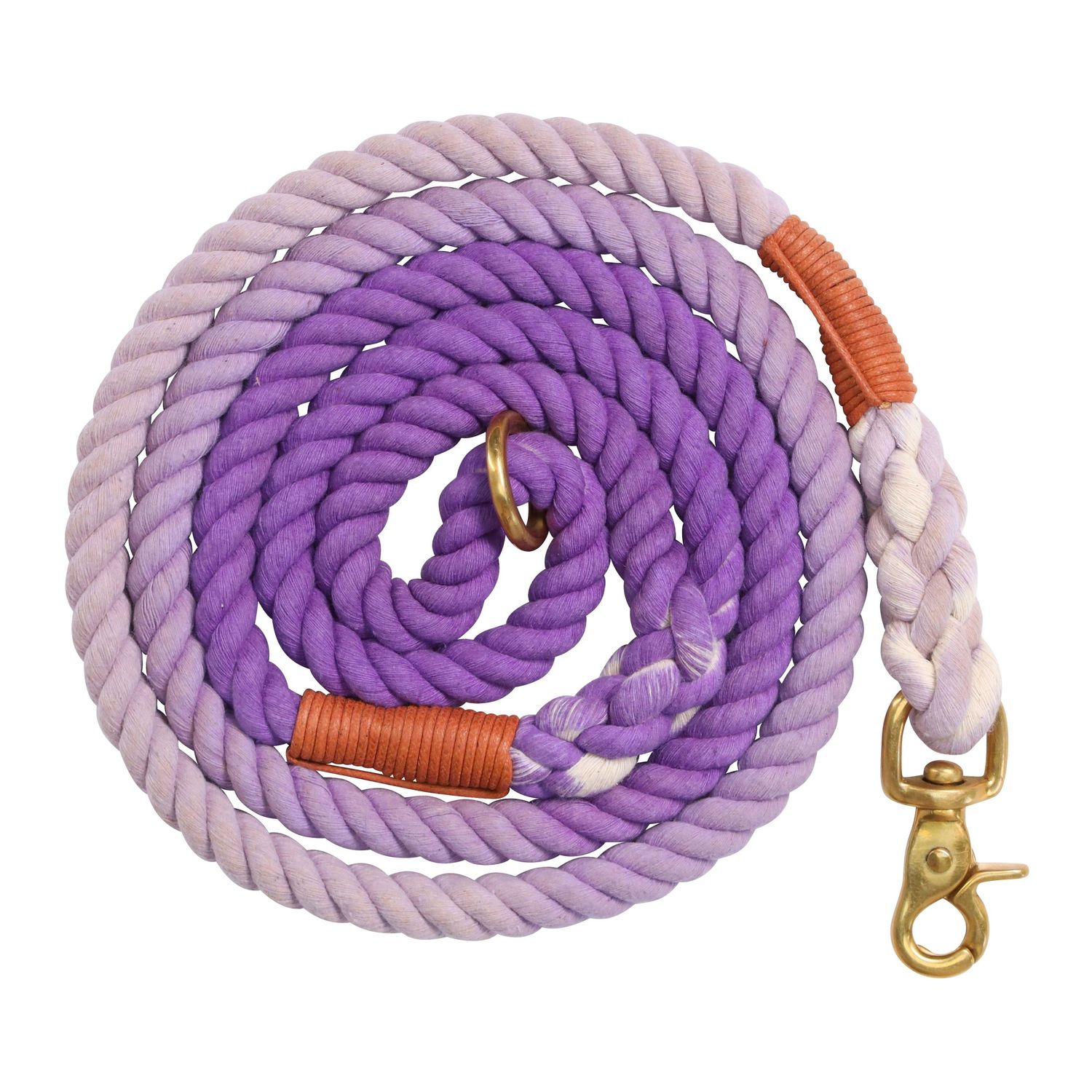Ombre rope dog leash in purple and lavender colors with brass hardware.