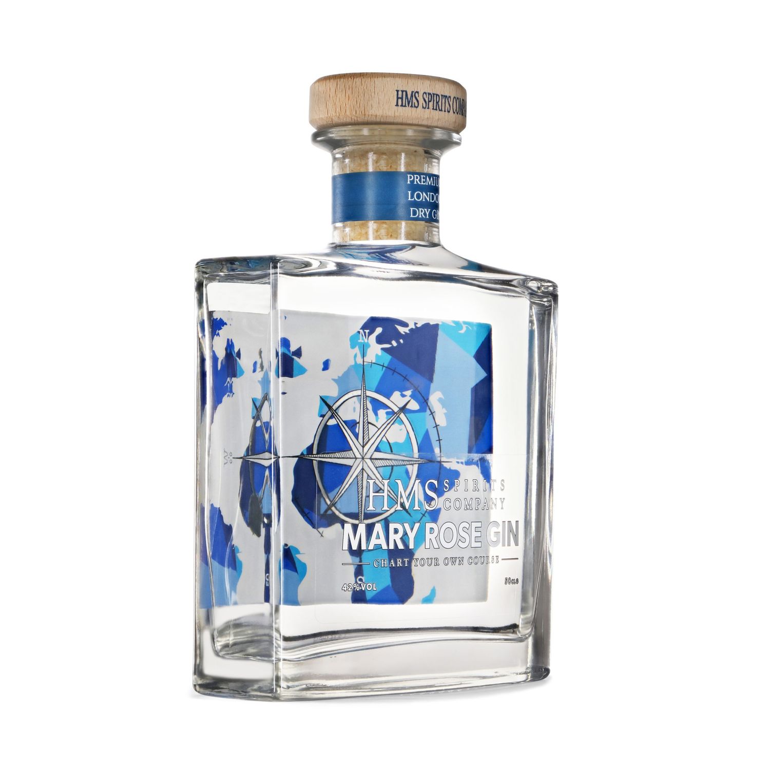 Clear glass bottle of Mary Rose gin featuring blue nautical compass design on label.