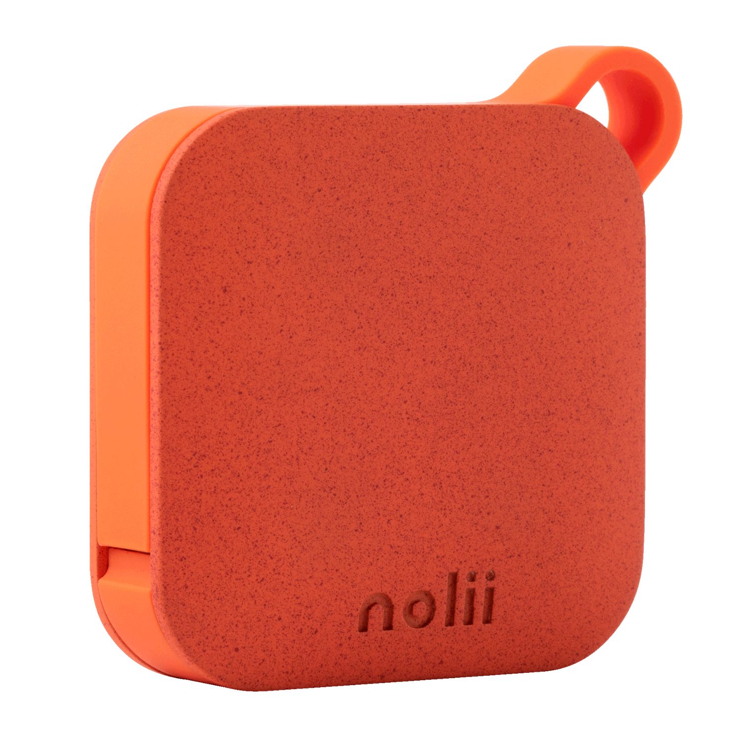 Orange square Nolli portable device with hanging loop.