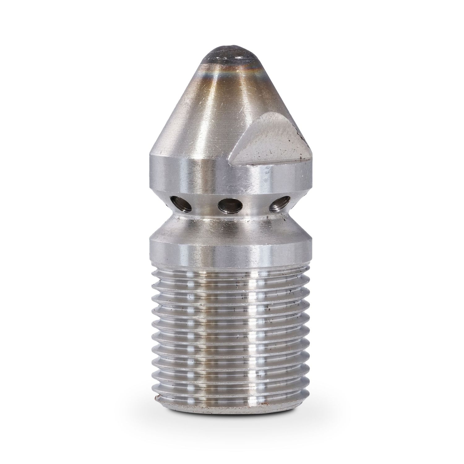 Stainless steel threaded nozzle tip with precision-machined grooves.