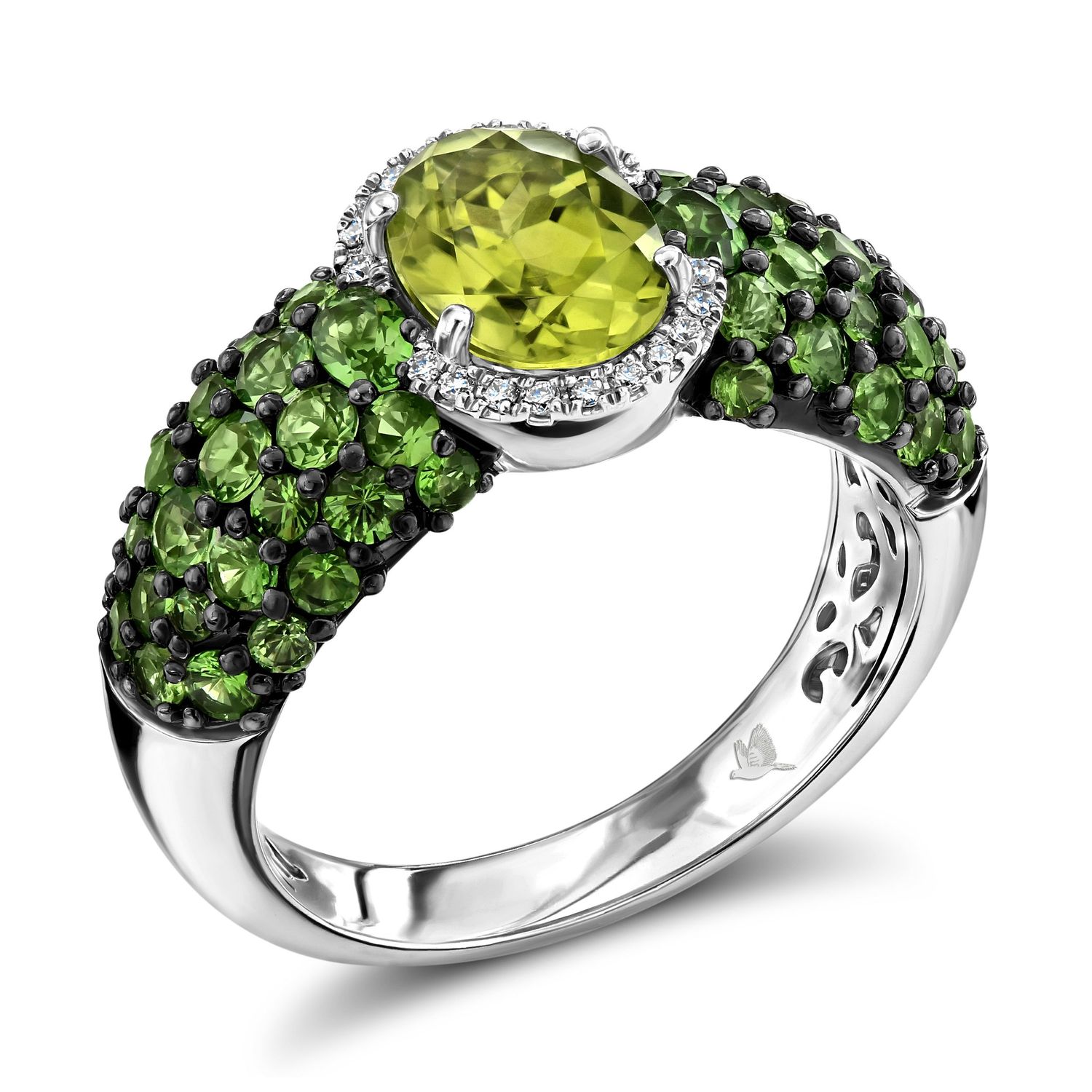 Sterling silver ring with peridot center stone surrounded by green chrome diopside.