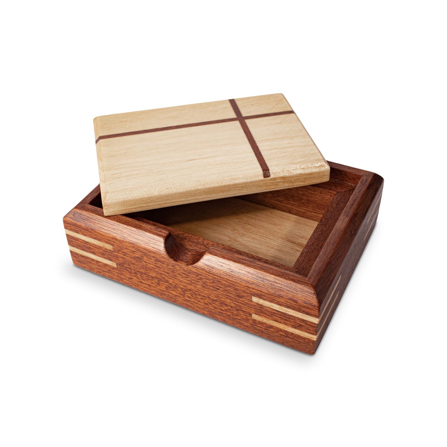 Handcrafted wooden box with sliding lid featuring contrasting wood inlays.