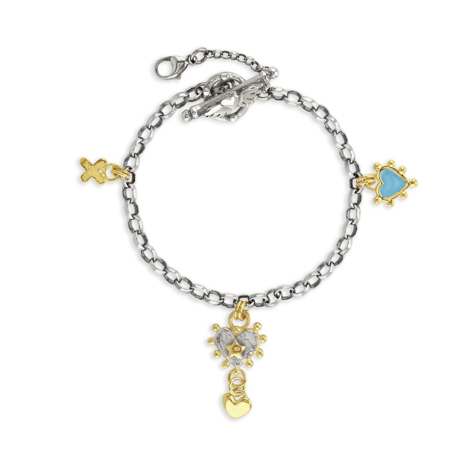 Silver chain bracelet with decorative gold and turquoise charms.