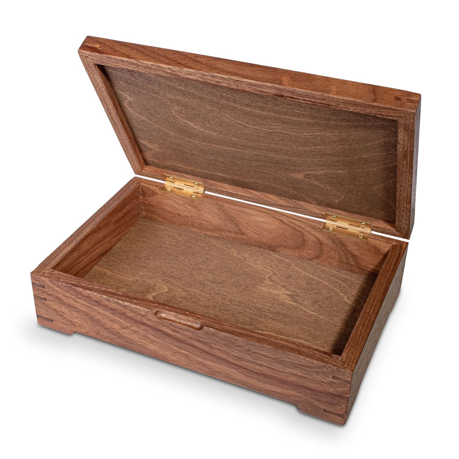 Empty wooden box with hinged lid and brown finish.