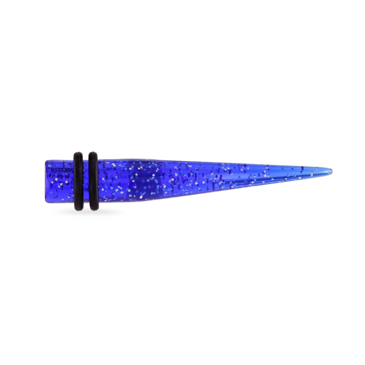 Sparkly blue acrylic taper earring stretcher with black o-rings.
