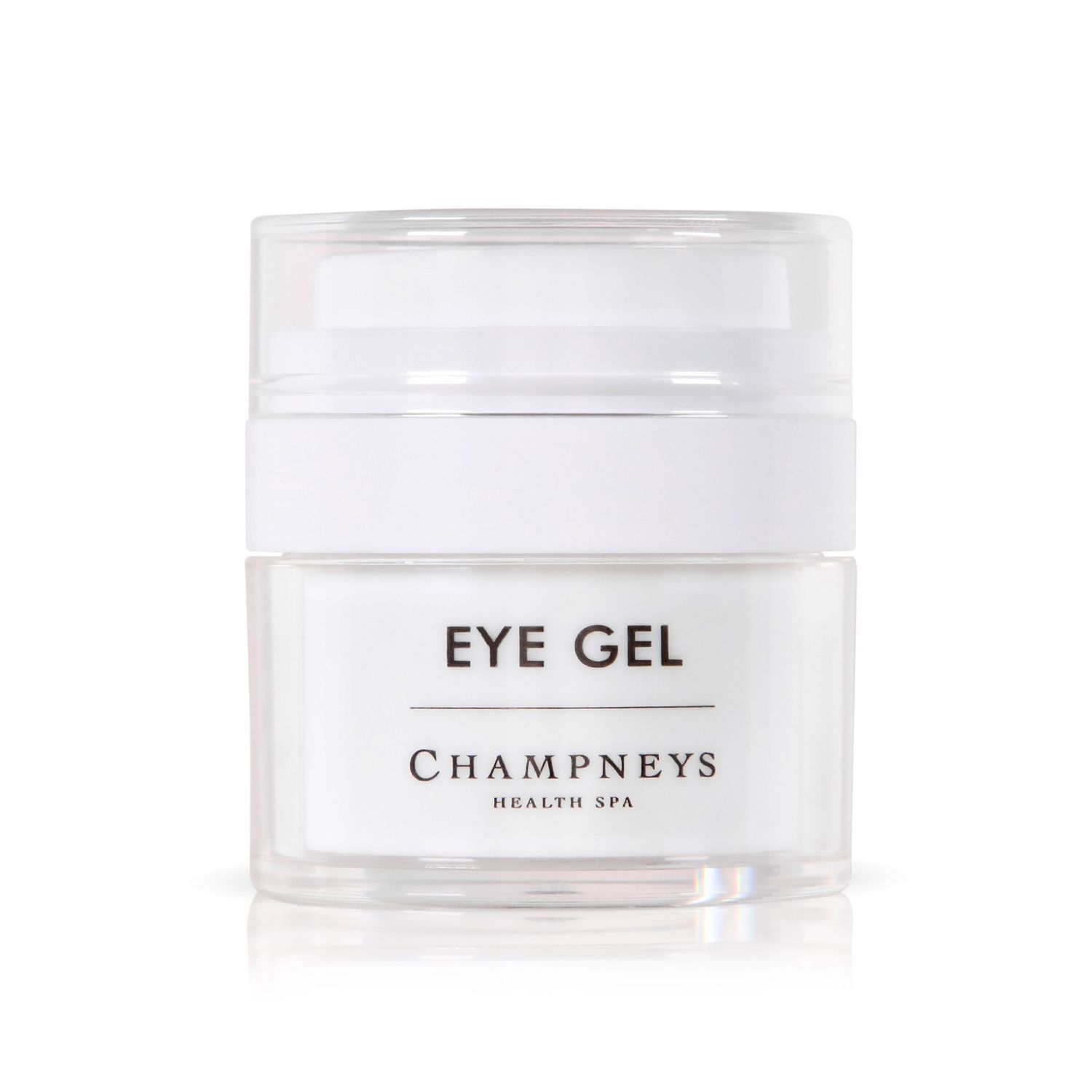 White jar of Champneys branded eye gel skincare product.