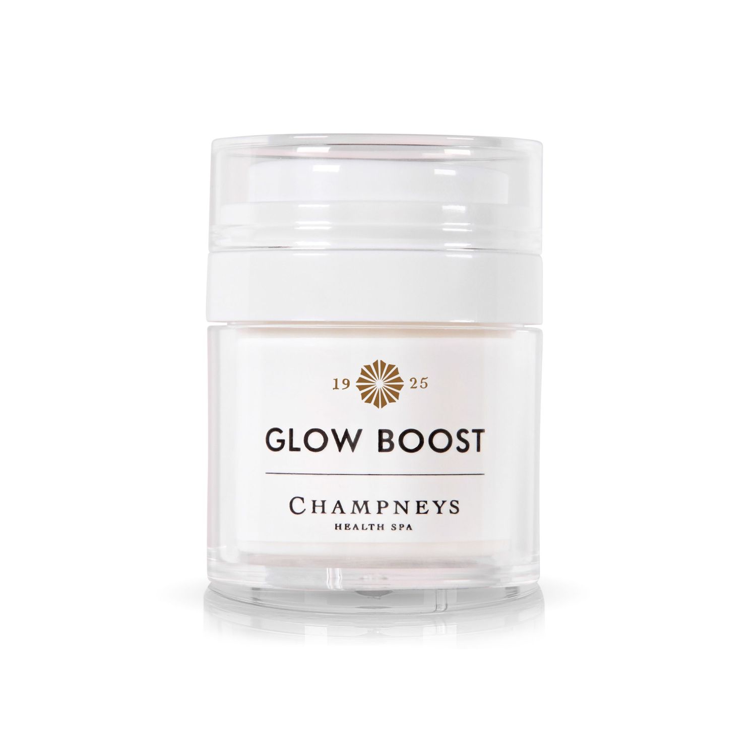 White jar of Champneys Glow Boost skincare cream with sunburst logo.