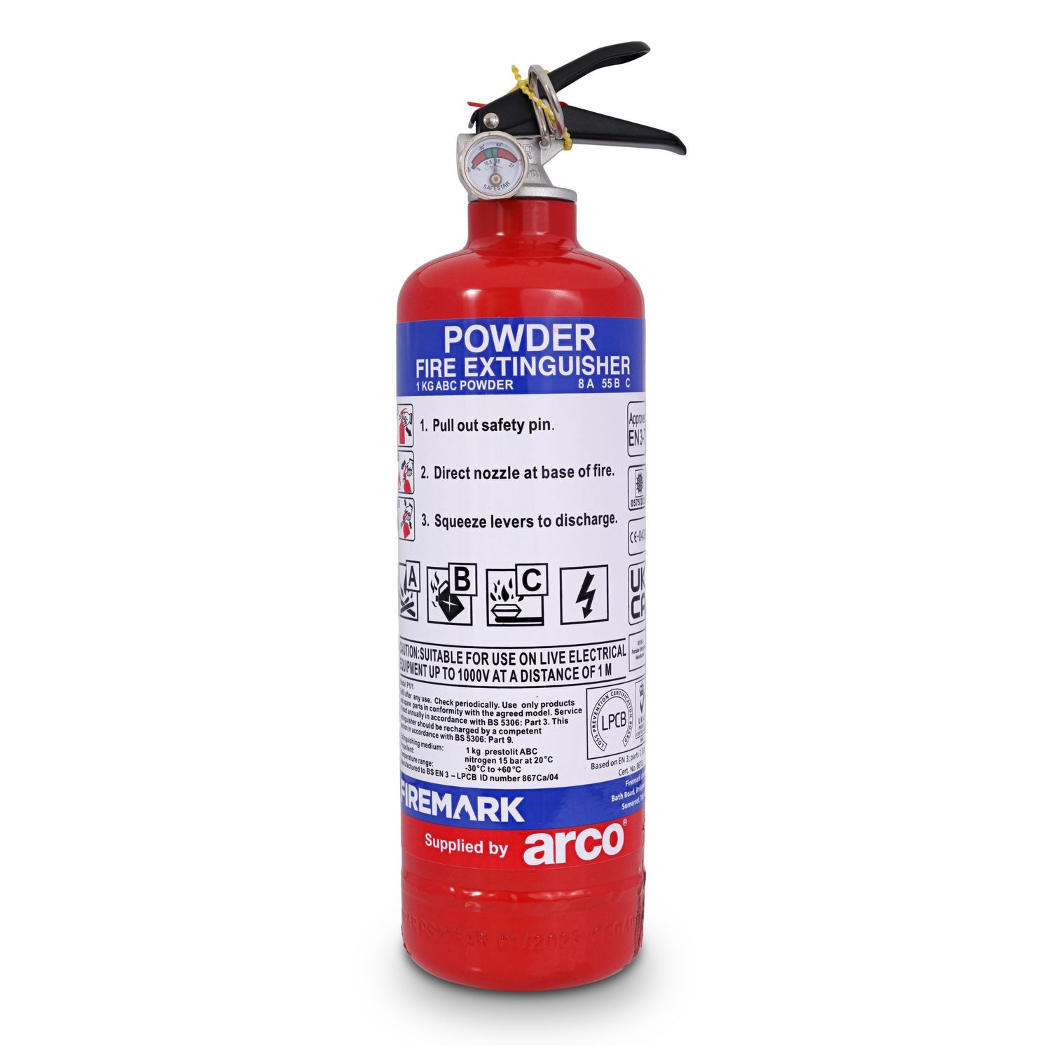 Red powder fire extinguisher with black nozzle made by Arco.