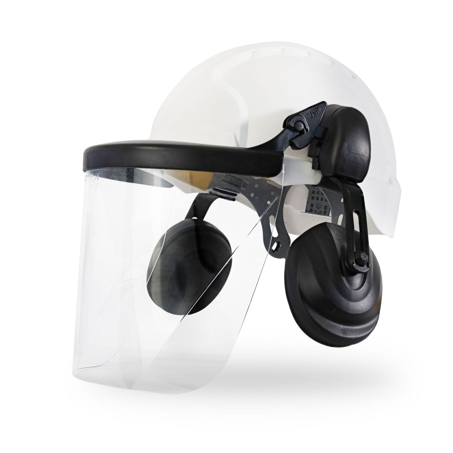Industrial safety helmet with attached ear protection and clear face shield.