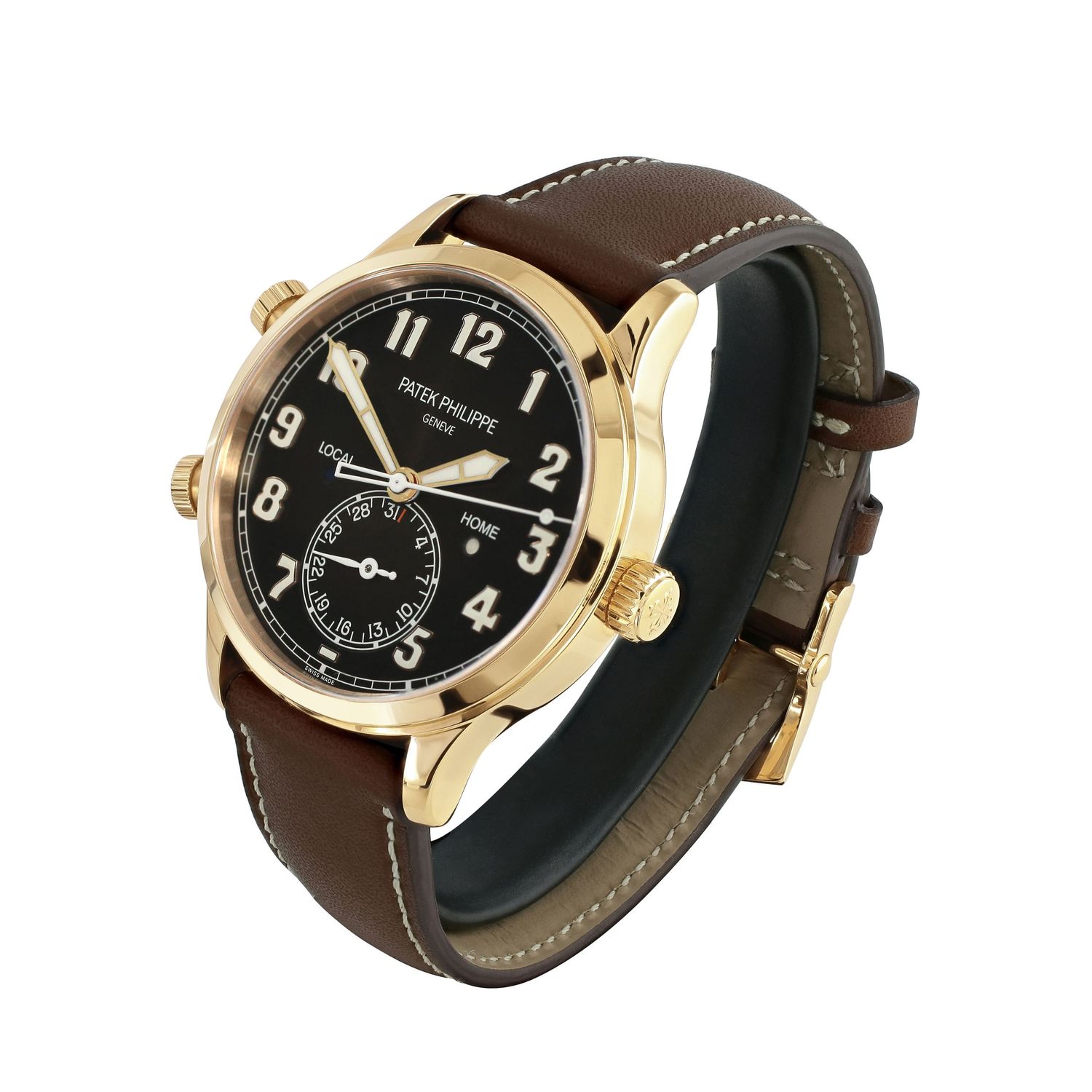 Luxury analog watch with brown leather strap and gold-tone case featuring black dial.