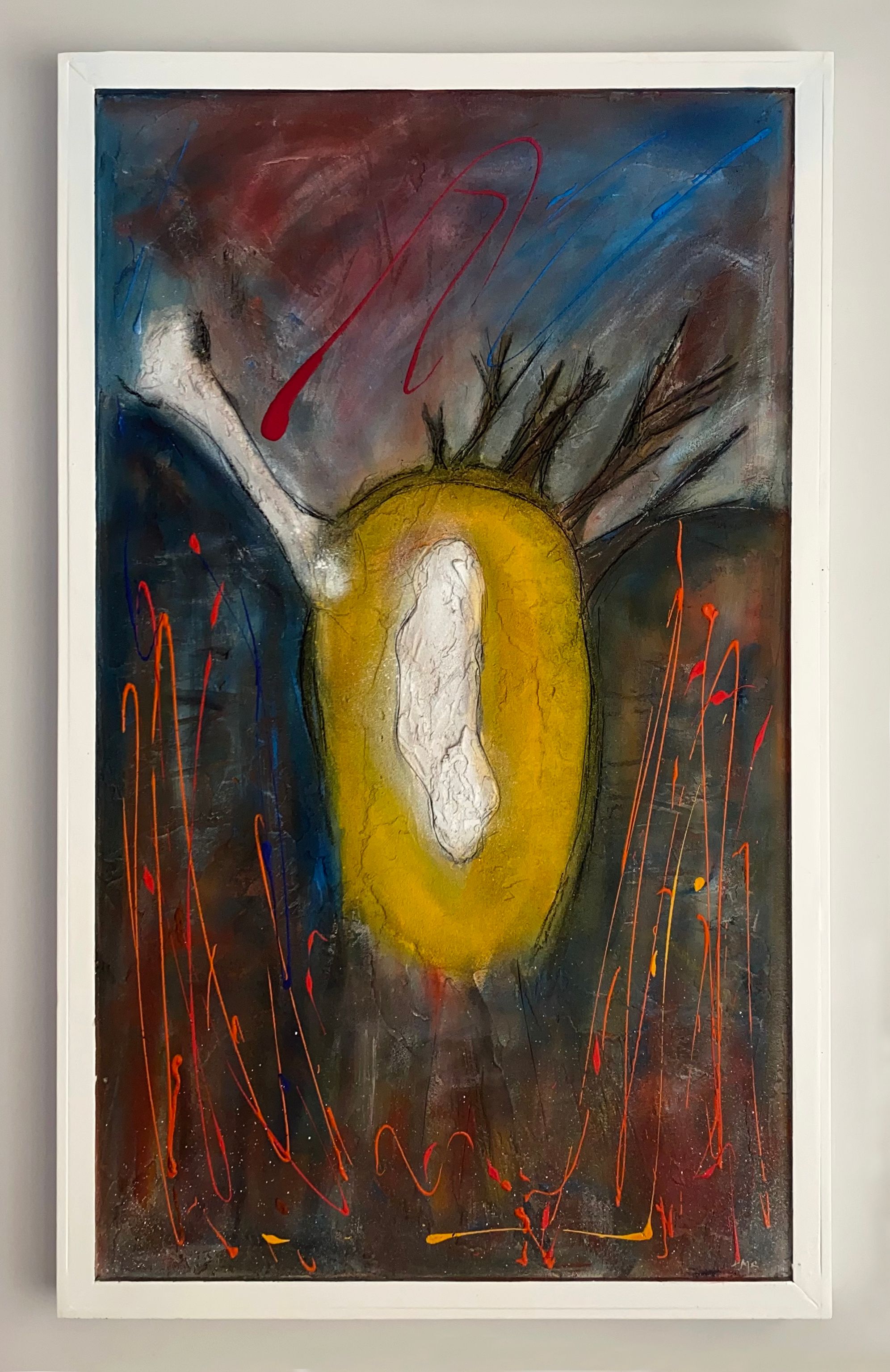 Heart 1, mixed media painting on canvas. Yellow heart on a dark and stormy background.