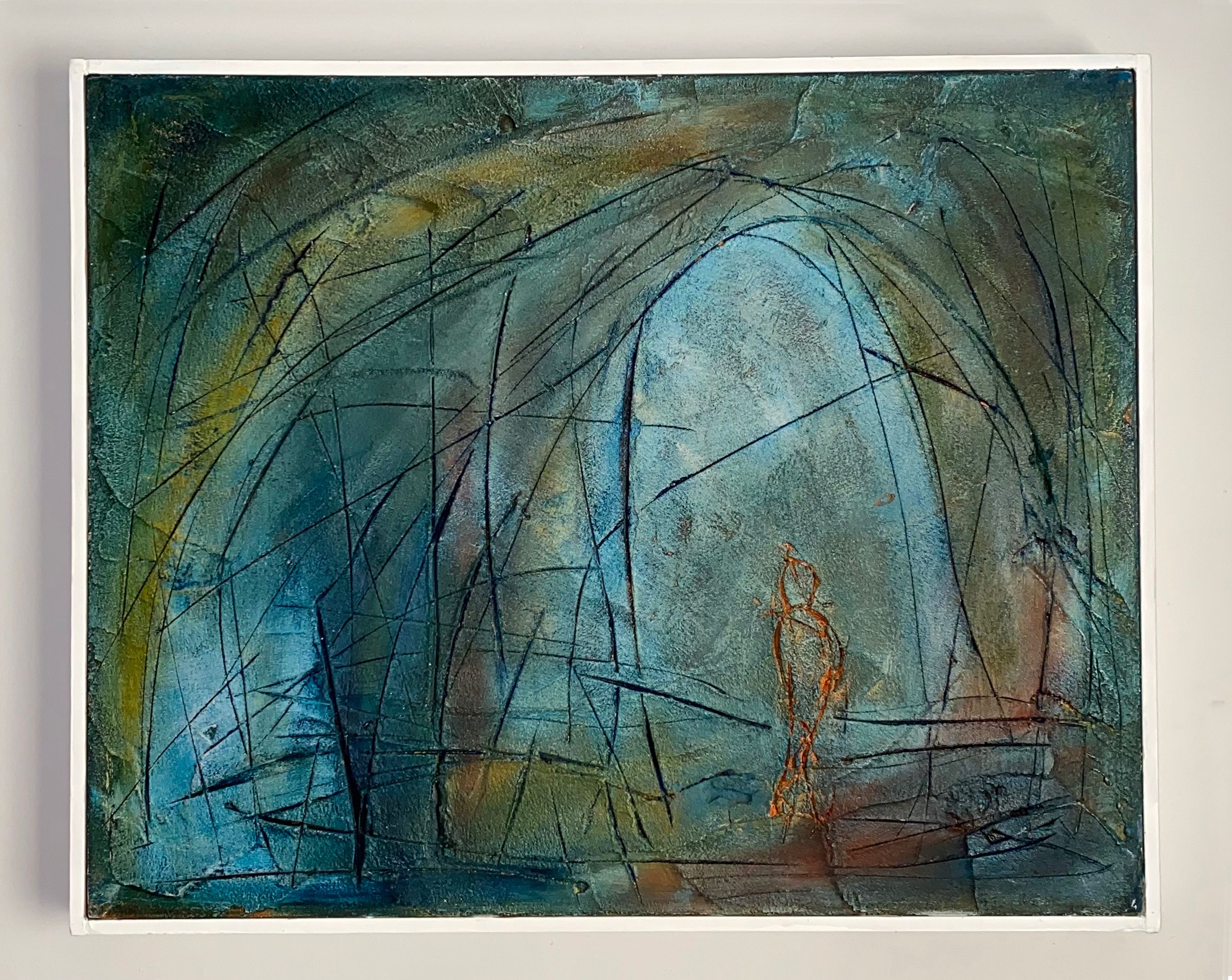 'Dreamy Rover' mixed media painting on canvas. Figure exploring a blue, cave-like scene..