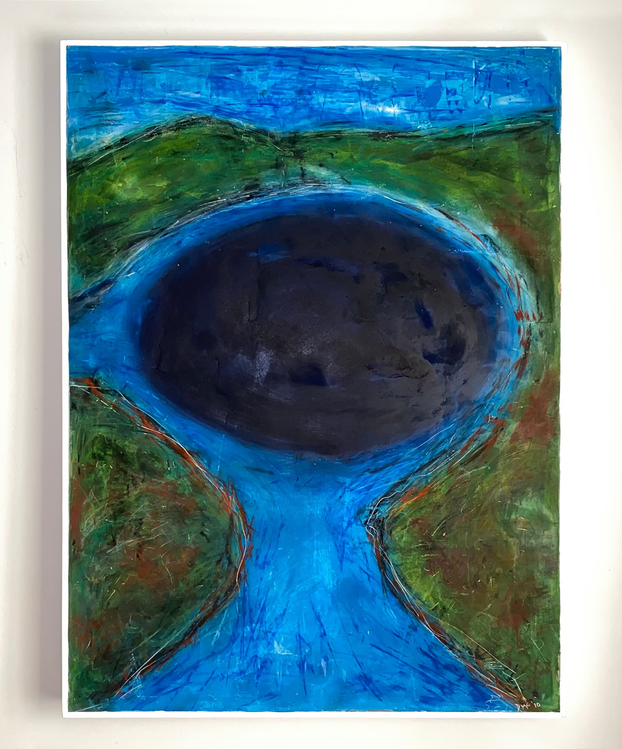 'Oceanic Blue Hole I' mixed media painting on canvas. Blue, circular body of water on a green background.