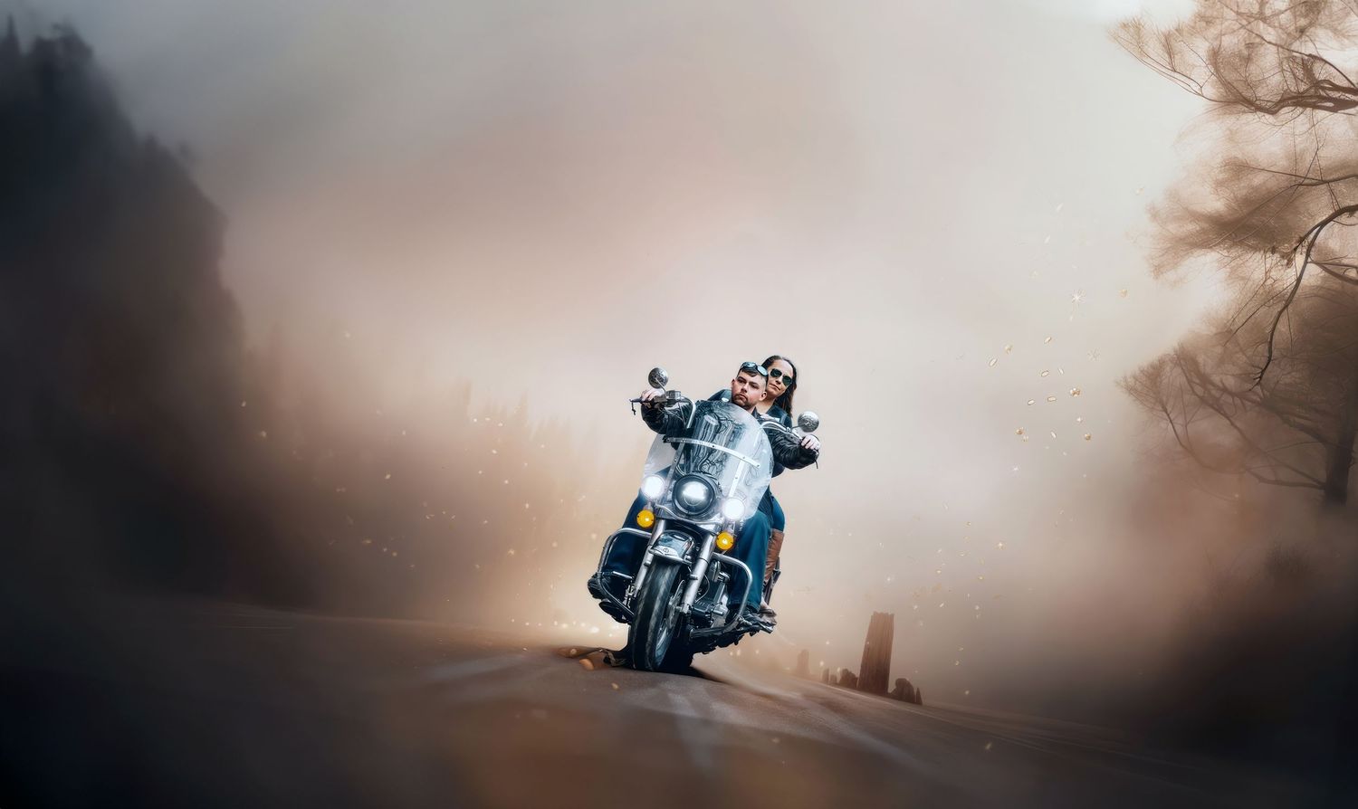 ur love stories our favorite motorcycle by adobe color, in the style of realistic genre scenes, smokey background