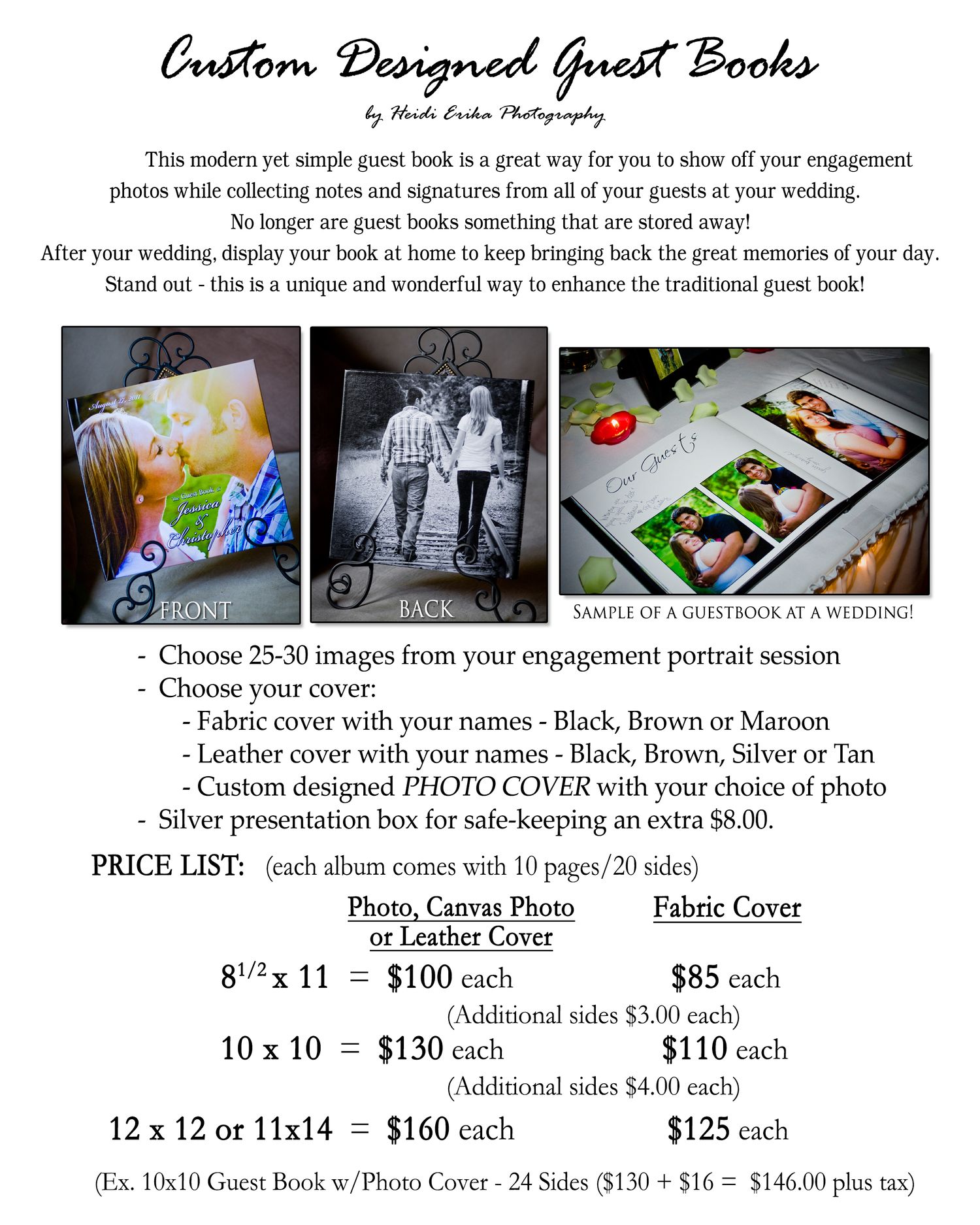 Custom designed wedding guest books with leather covers and photo display options.