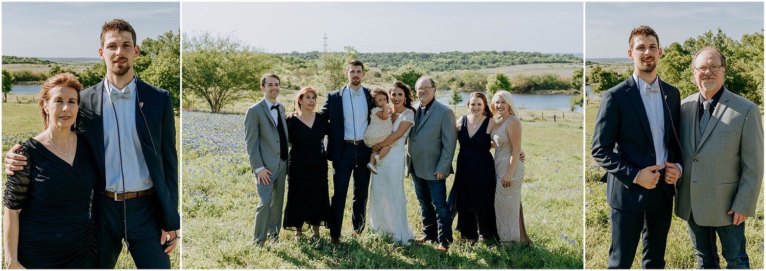 Wedding party gathers for formal group photos in a scenic outdoor setting.