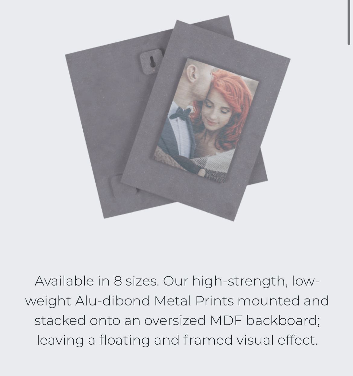 Alu-dibond metal print with oversized MDF backboard displayed with mounting hardware.