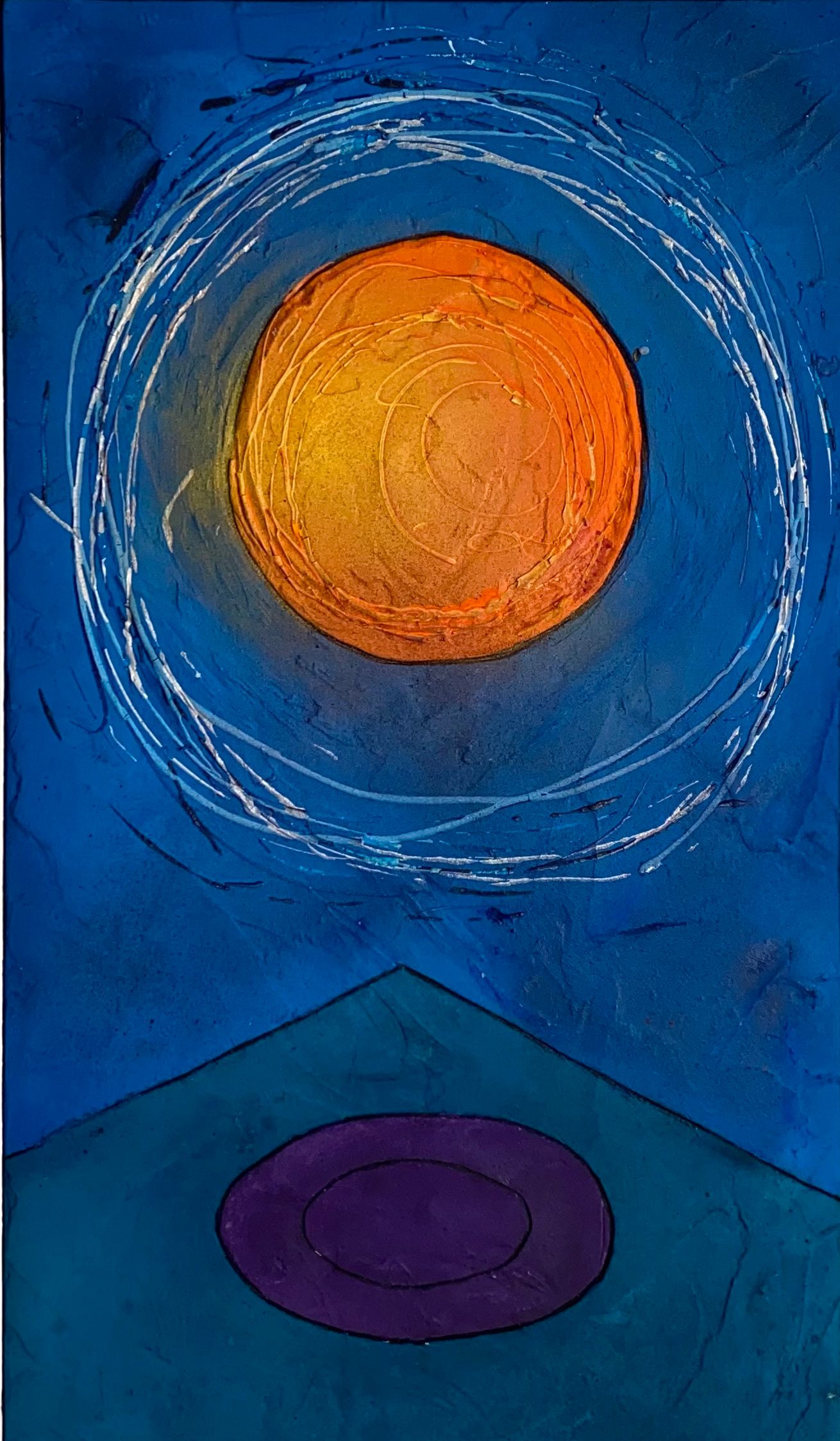 'Plato' mixed media painting on canvas. Bright bold painting of a mountain and sun on a blue background.