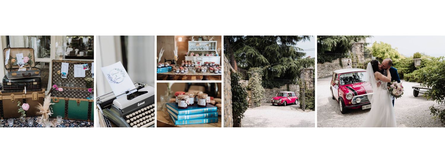 Vintage decorative details including a typewriter and pink classic car set the scene at a charming wedding venue.