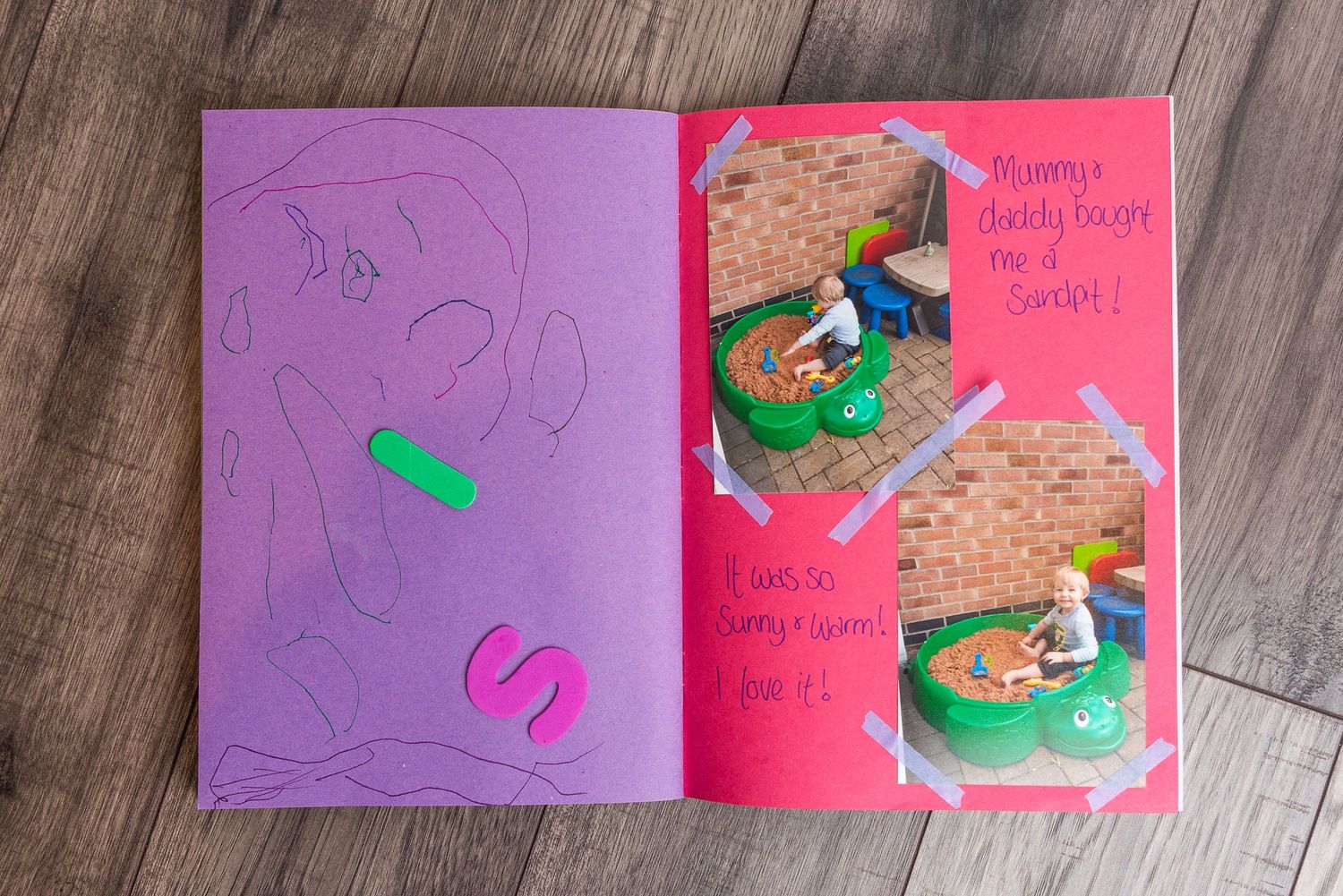 Scrapbook pages featuring outdoor play photos and purple decorative elements.
