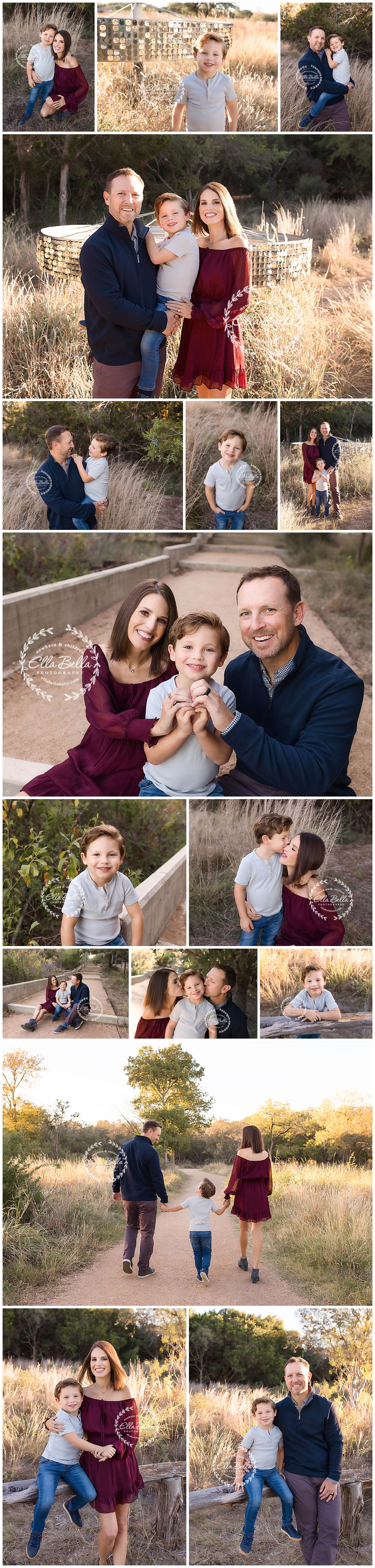 Family lifestyle photography session in golden field with burgundy dress and coordinated outfits.