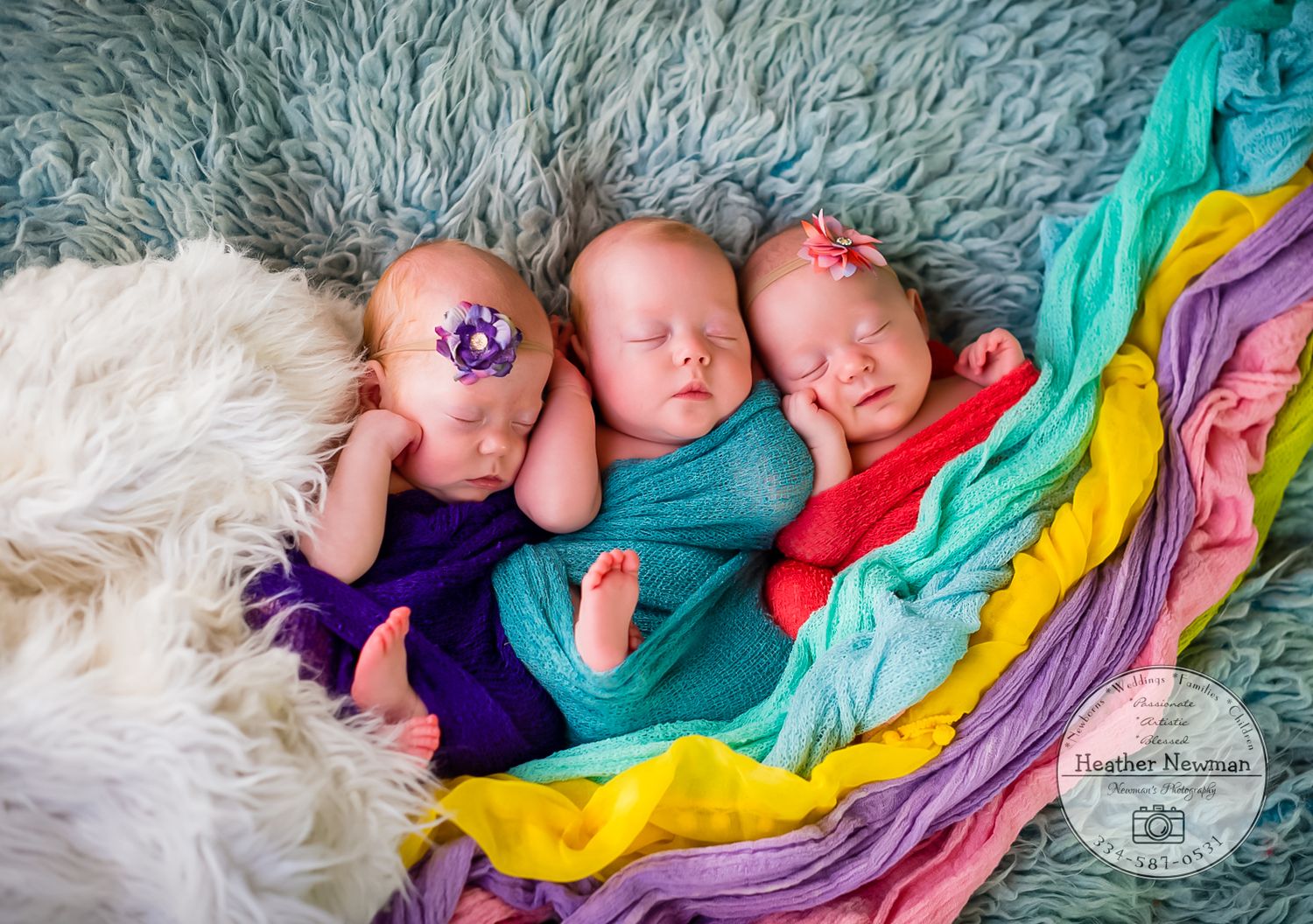 newborn baby triplets pose natural light photography studio session wraps and headband and custom creative set memory captured smile Alabama