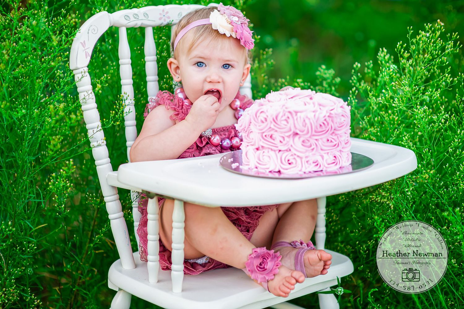 baby girl's first birthday session smash cake outside wooden highchair natural ligjt milestone session Alabama creative capture