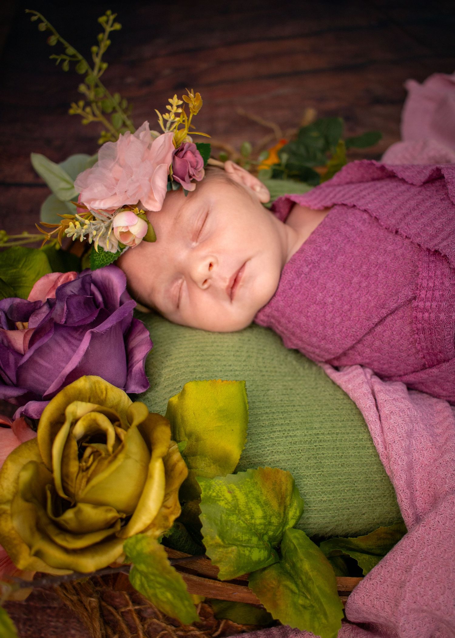Sleeping baby in purple wrap surrounded by roses and greenery.