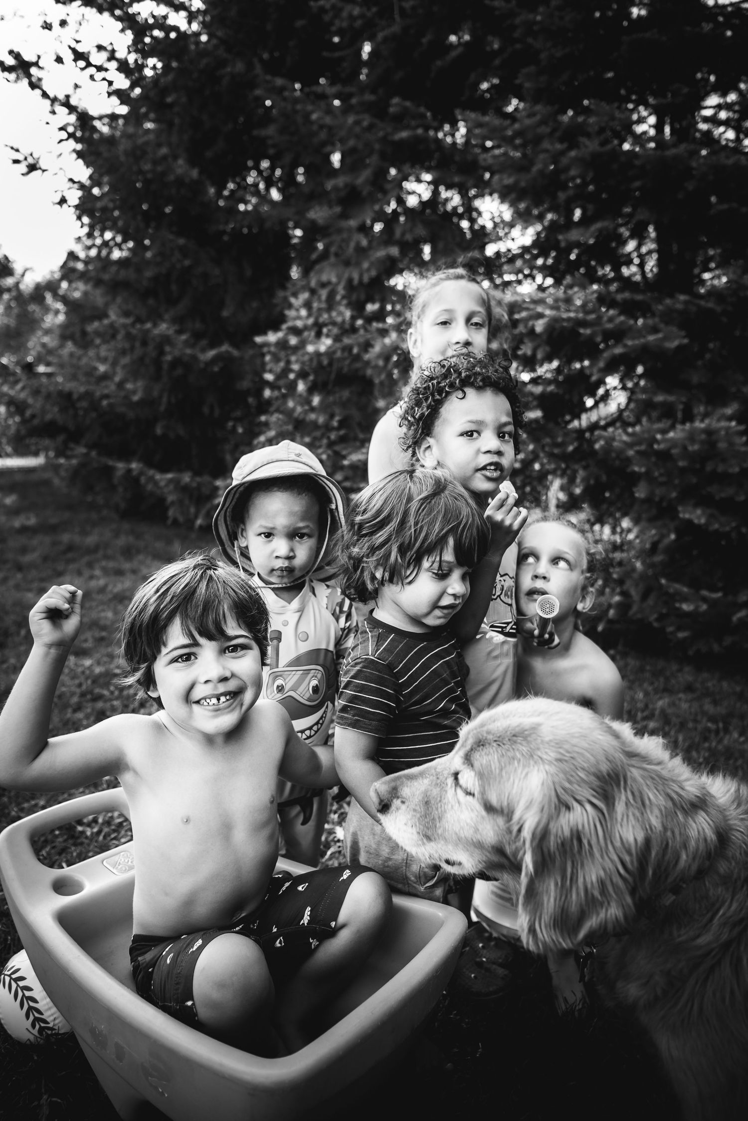 BW image of a group of young cousins all sitting together in a barrow with a dog looking on too.