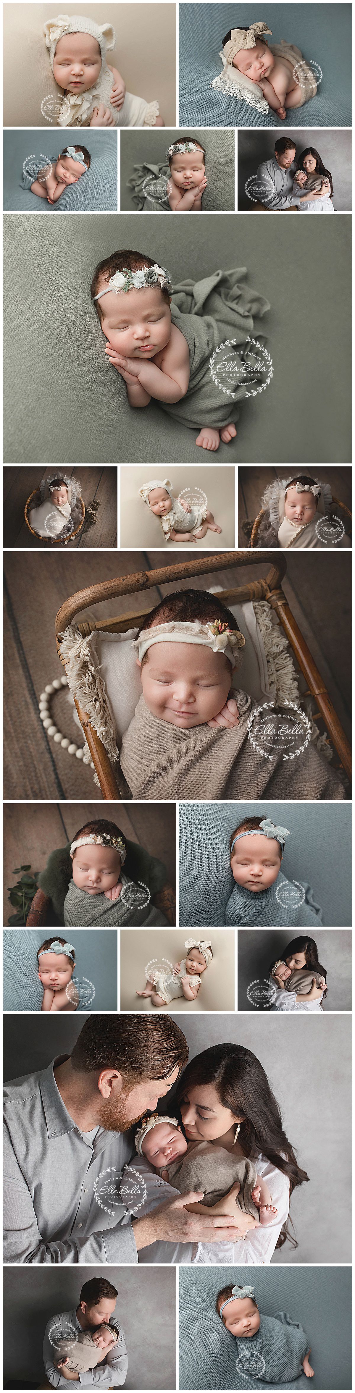 Newborn photo session collage with soft grey tones and vintage props.