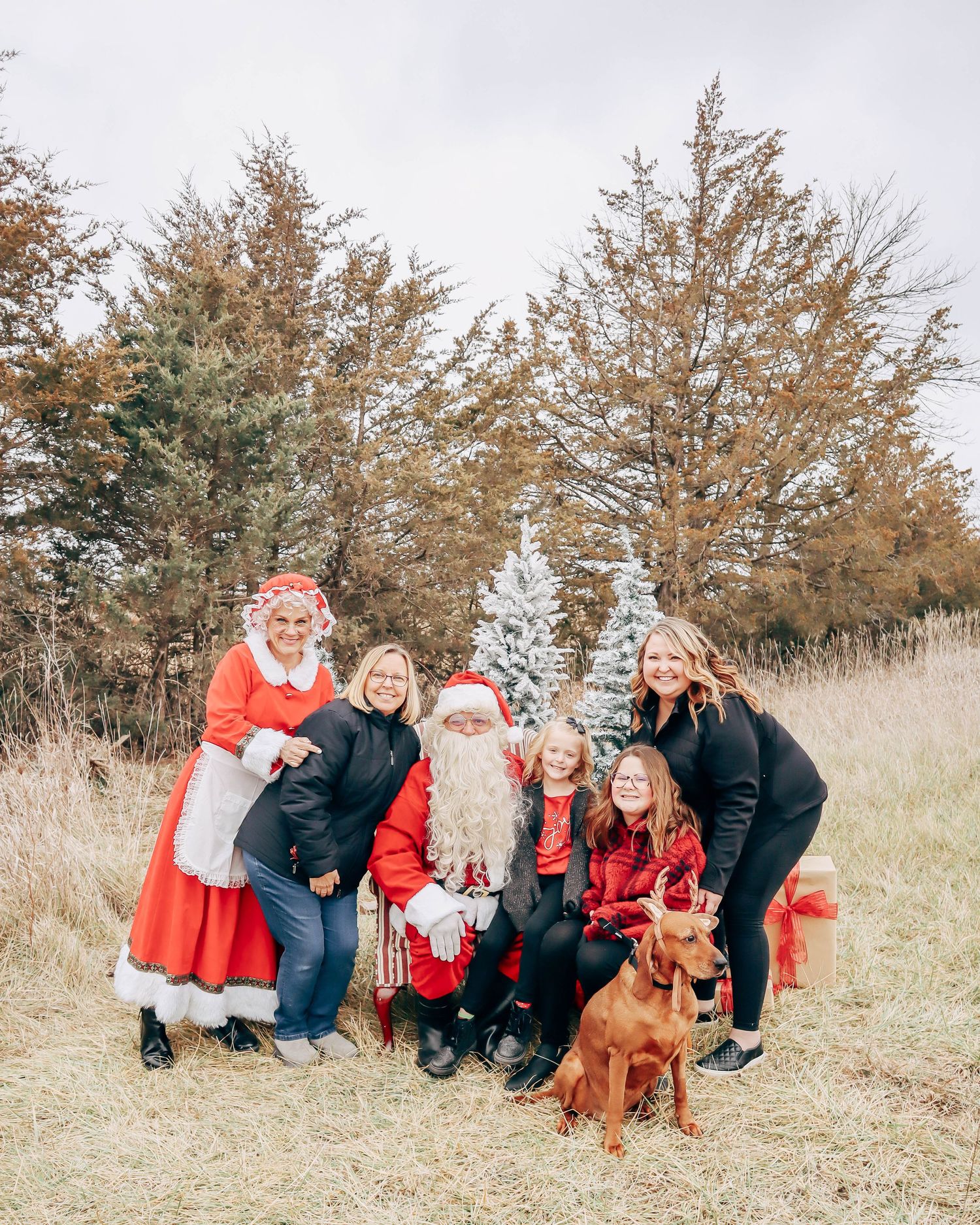 Holiday family portrait with Santa Claus, children and dog outdoors among winter trees.