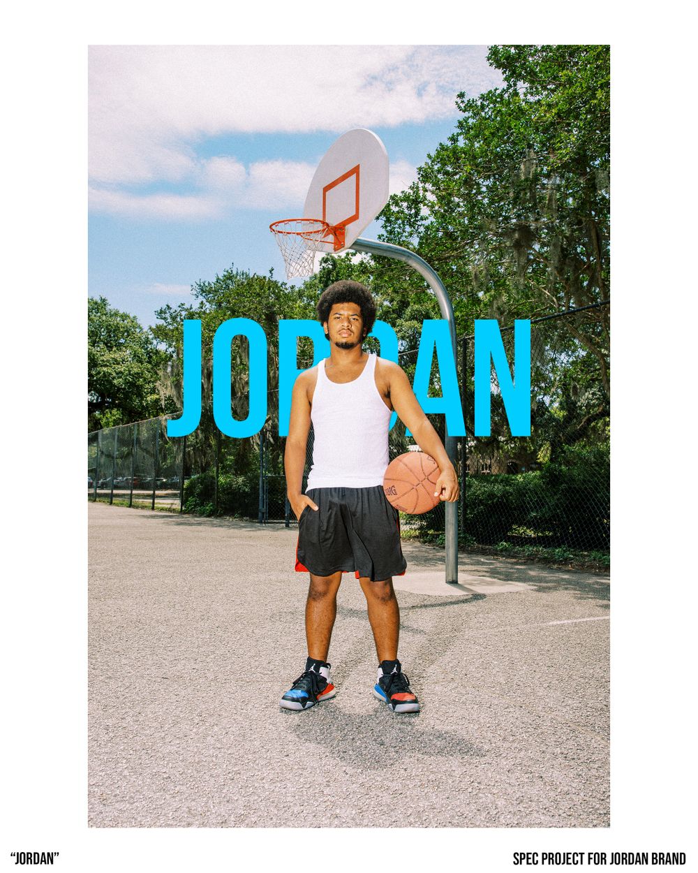 Basketball player posing with ball in front of hoop with blue text overlay reading 'JORDAN'.