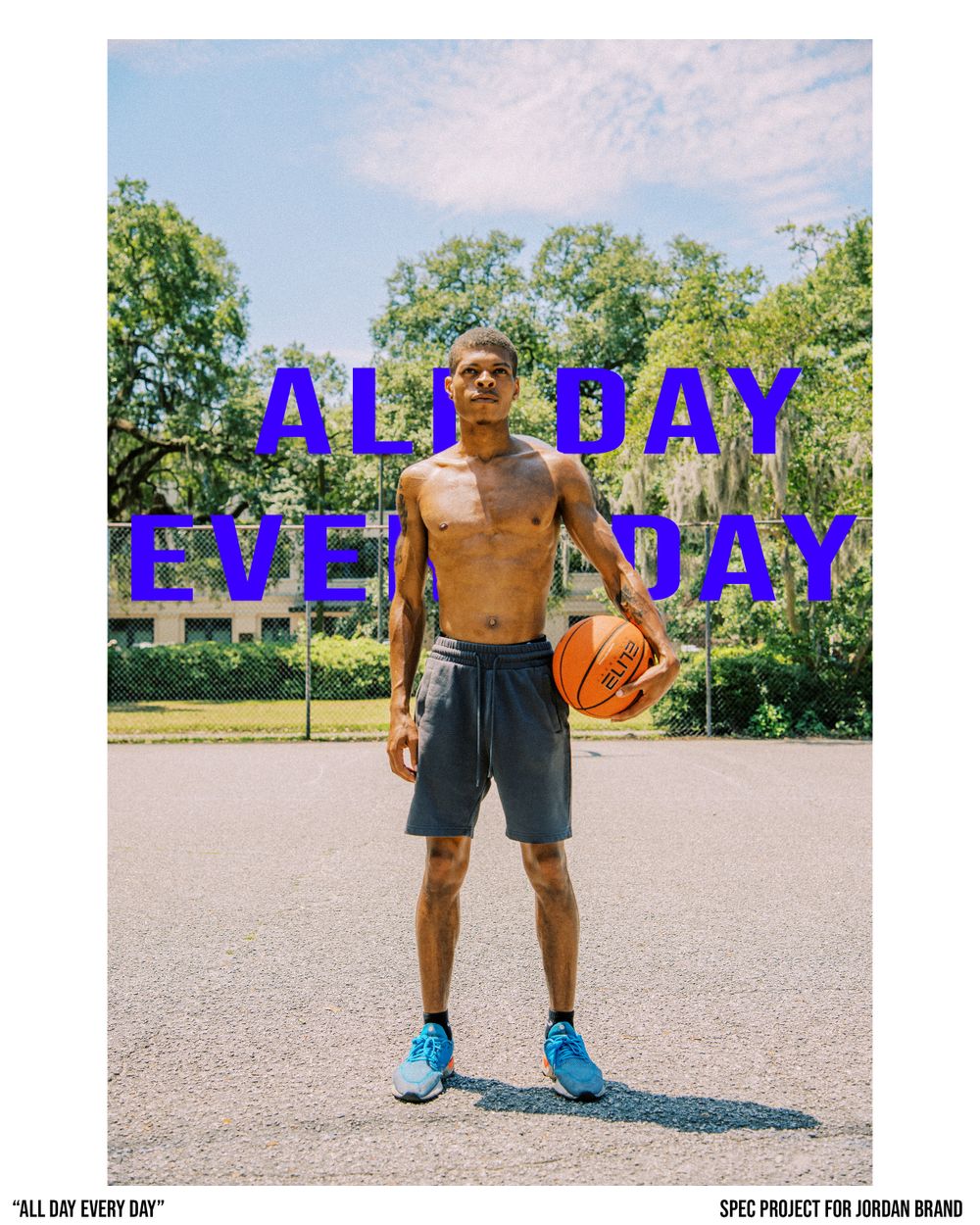 Athlete holding basketball outdoors with purple text overlay reading 'ALL DAY EVERY DAY'.