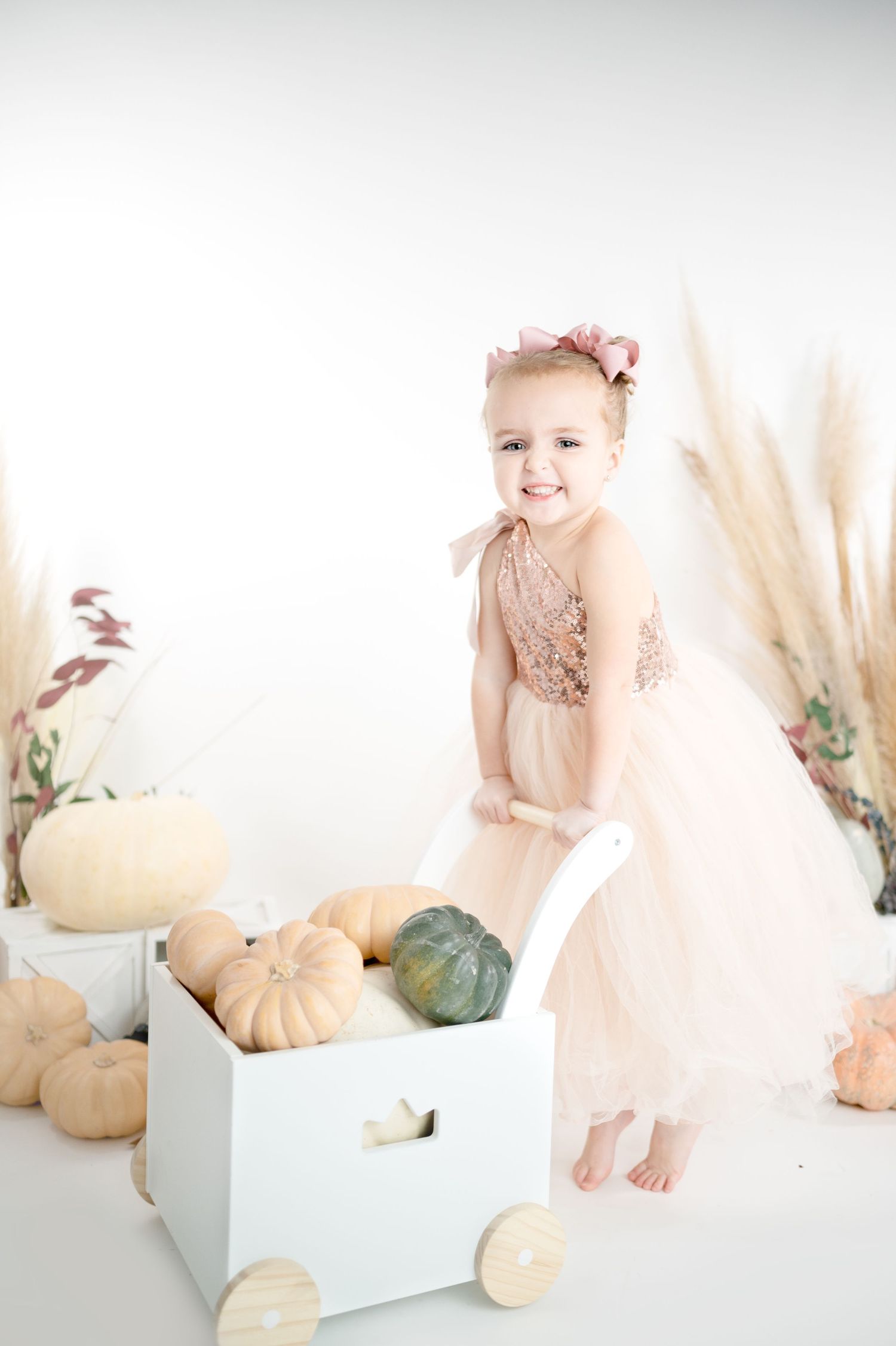 Whimsical fall photoshoot featuring a tulle dress and decorative pumpkins in soft neutral tones.
