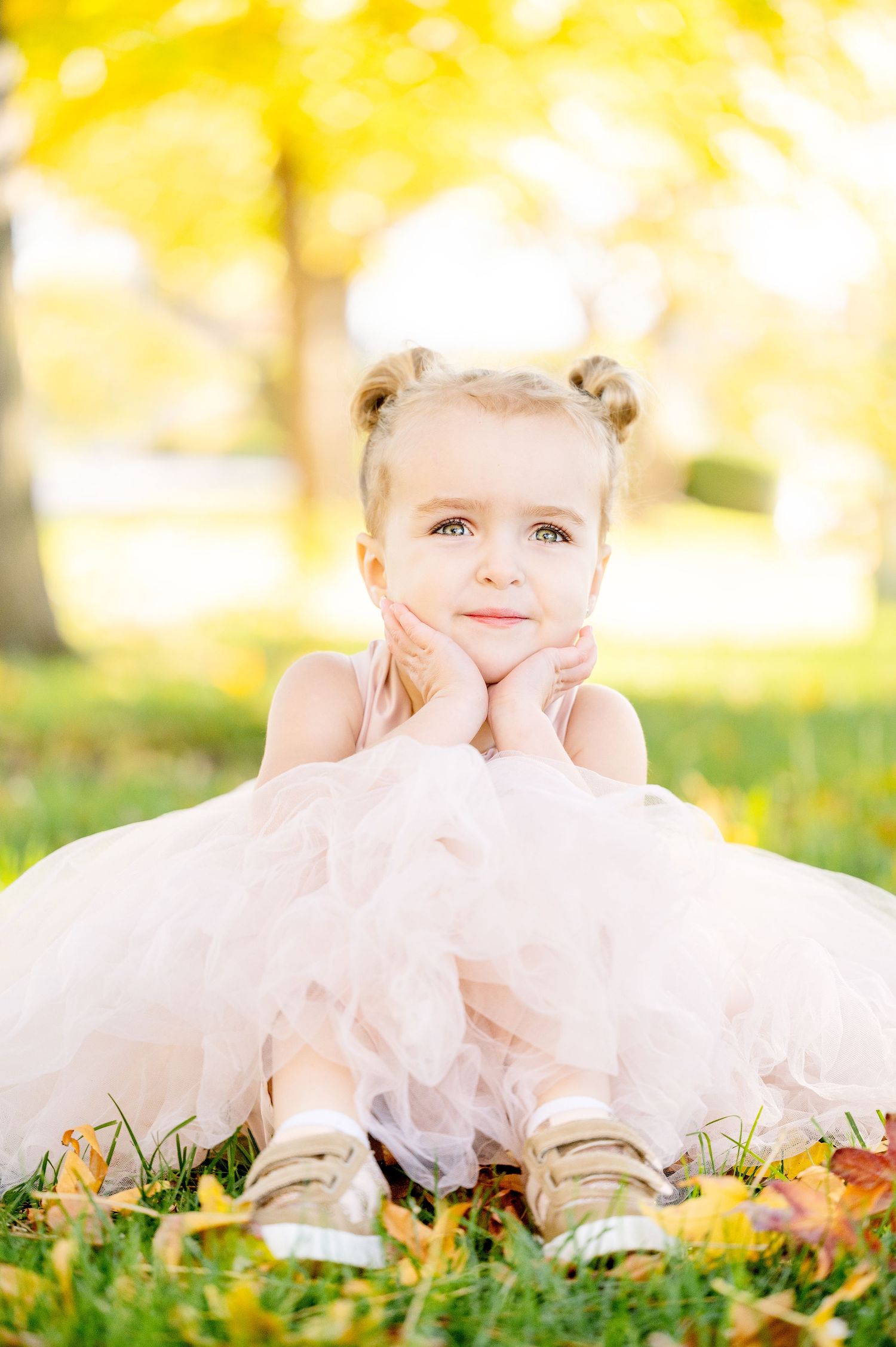 Child lying in autumn leaves wearing pink tulle dress in warm sunlight.