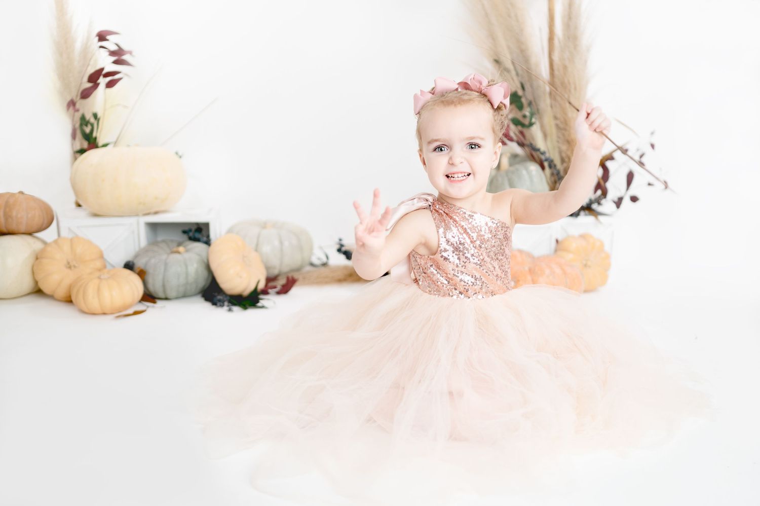 Child in pink tulle dress posing with pumpkins against white background.