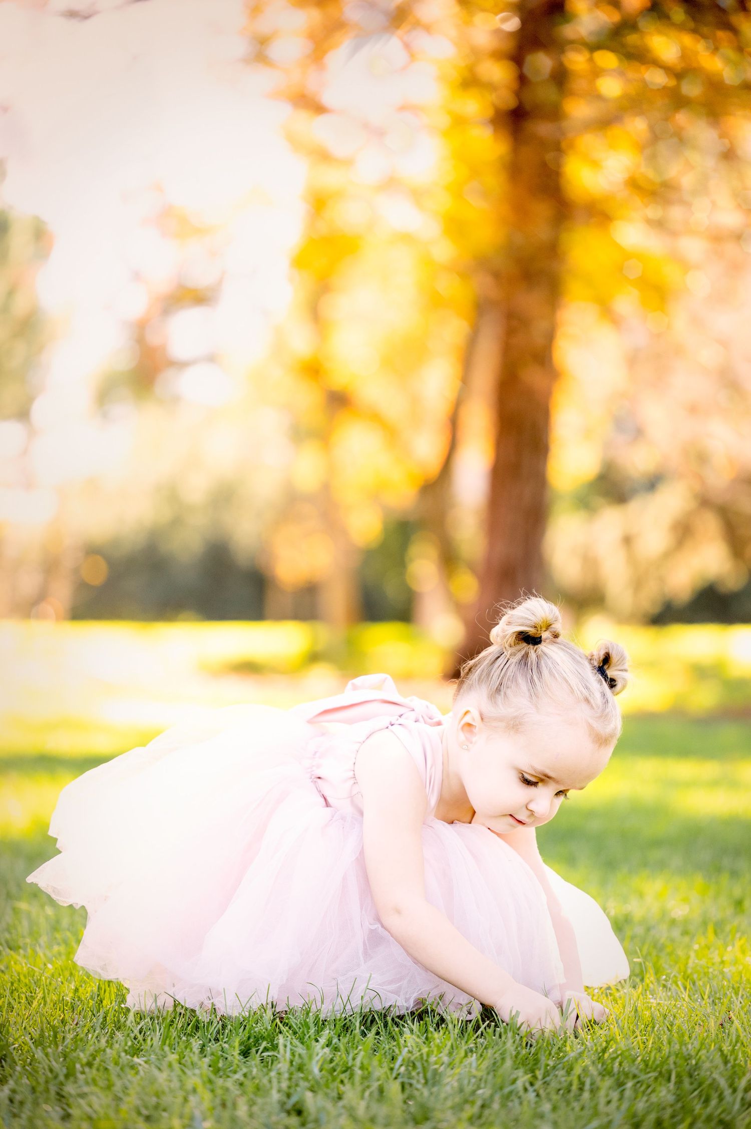 Ethereal outdoor photography in golden autumn light with flowing pink dress movement.