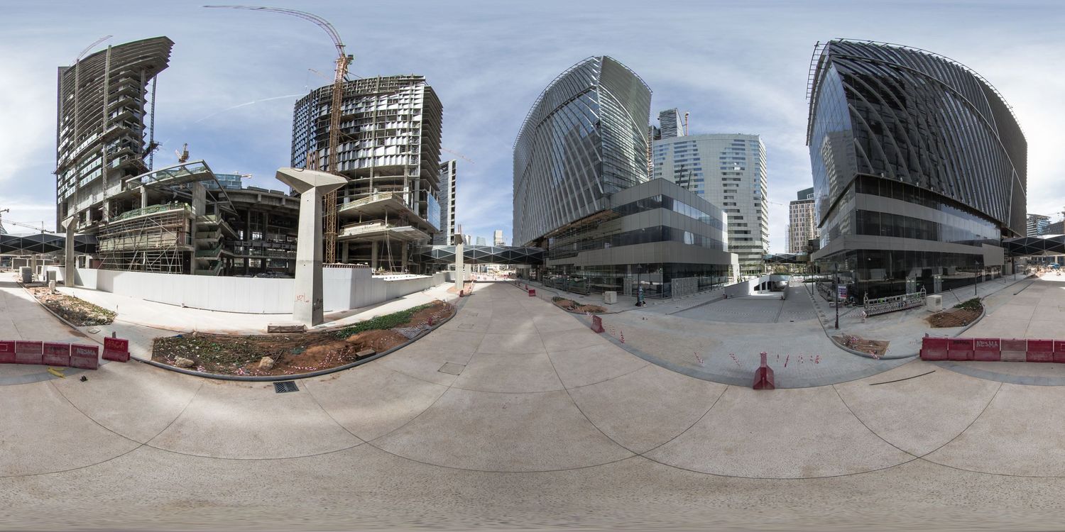 Modern urban architecture showcased in a 360-degree panoramic view of contemporary city buildings.