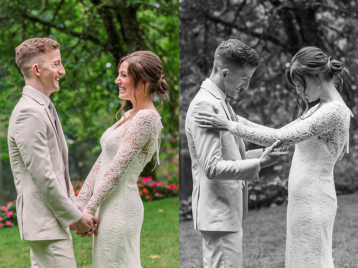 Bride admires groom during first look on wedding day with Indiana photographer