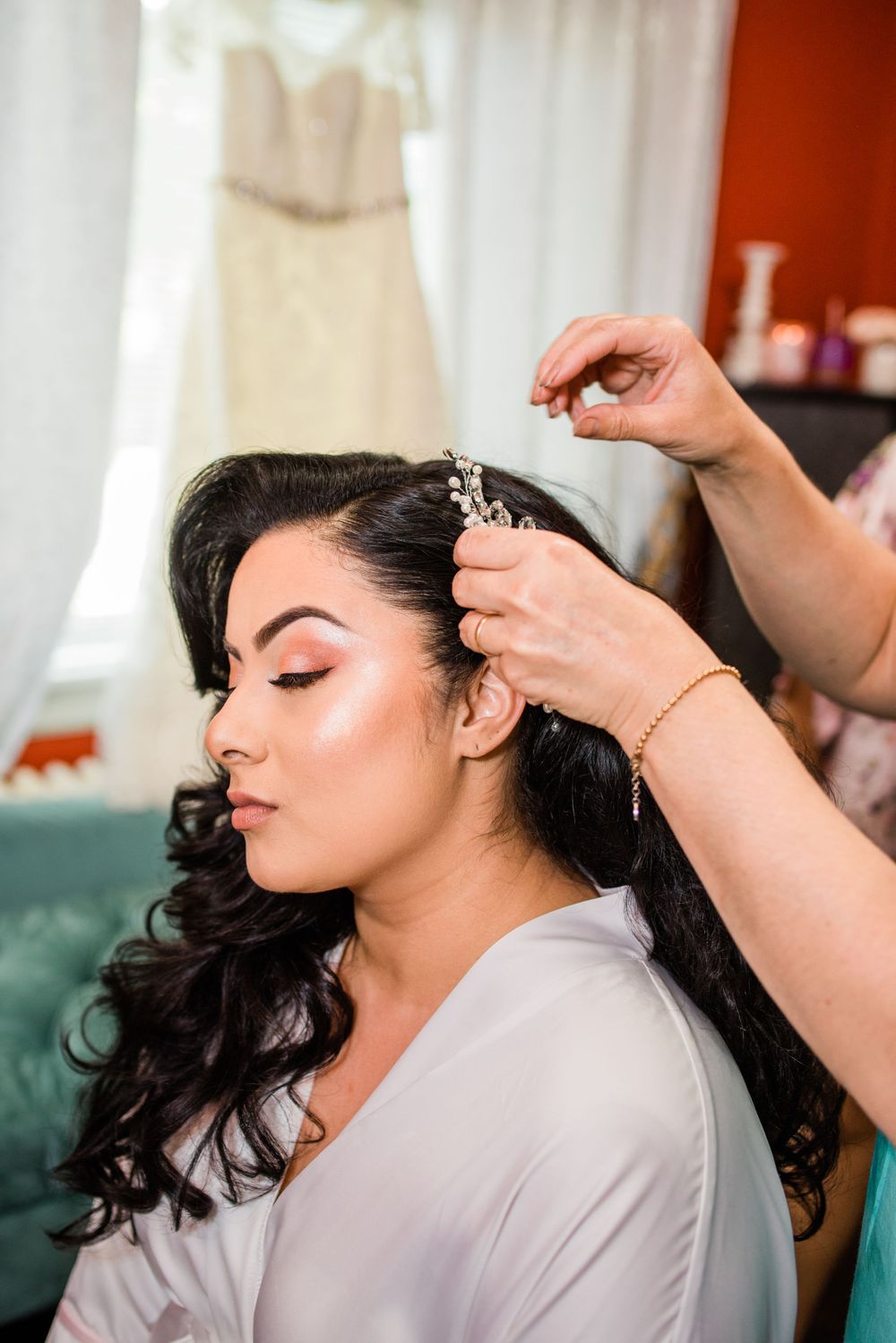 bride getting hair done