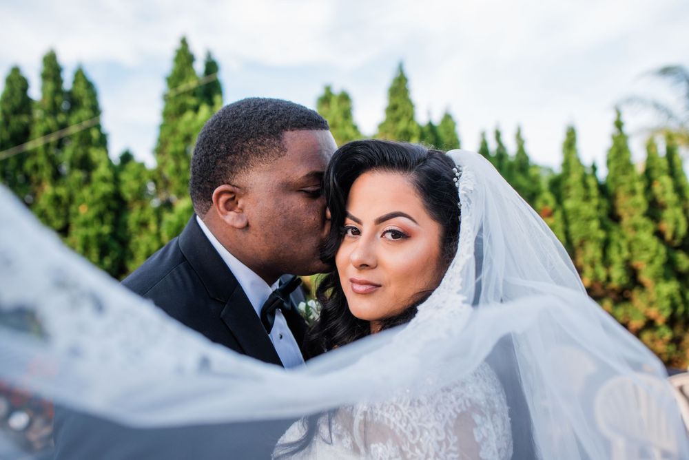bride's veil and groom portrait