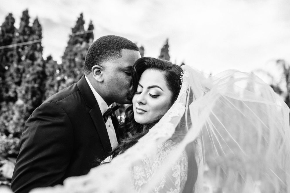 bride's veil and groom portrait